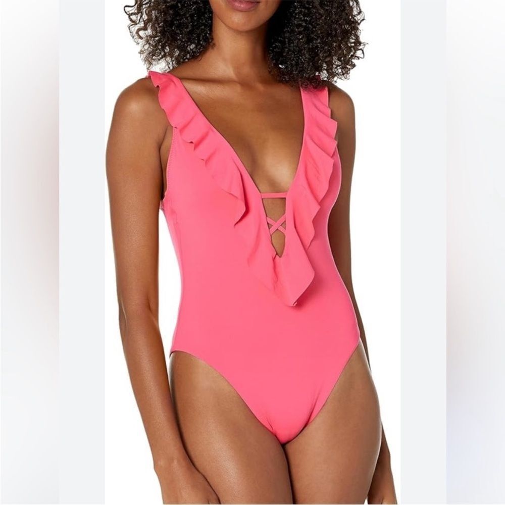 Lilly Pulitzer Carmen bright pink Ruffle deep v strappy one piece swimsuit SZ 10 - Picture 2 of 10